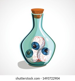 Cartoon flask with eyes inside. Witch Ingredients. Vector illustration.