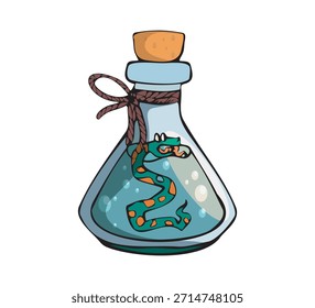 Frasco de la historieta con la serpiente dentro de la botella de cristal, corcho, y lazo de la cuerda para el tema del misterio de la alquimia