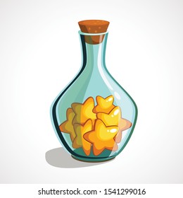 Cartoon flask with stars. Game icon of magic elixir. Vector illustration.