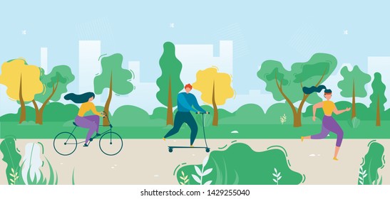 Cartoon Flat Active People City Dwellers Illustration. Vector Male and Female Sporty Characters Riding Bicycle, Going Scooter and Running. Healthy Recreation in Park. Outdoors Activities and Trainings