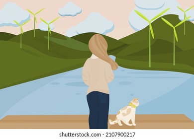 cartoon and flat art design for springtime travel concept with solo woman stand at side of lake with her cat