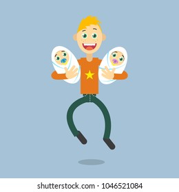 Cartoon flat art illustration of a cartoon happy father with two children