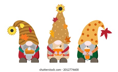 Cartoon flat autumn vector gnomes with orange pumpkin mug, spice latte cup, slice of pie on plate. Isolated on white background. Great for print, card. Fun autumn art.