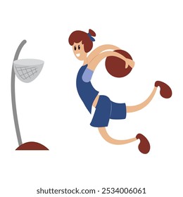 Cartoon flat basketball player. Teenager playing basketball. Player is holding a ball. A basketball stand with a ring and a net for the ball can be seen nearby