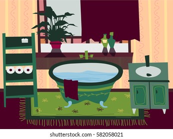 Cartoon Flat bathroom interior vector illustration. Set of element furniture. Designer bath, window, flowers, shelves, cabinets, sink, floor, curtains and towel