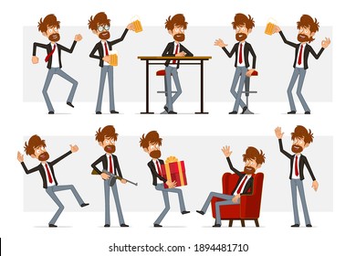 Cartoon flat bearded businessman character in black suit and red tie. Boy carrying new year gift, holding beer and showing okay sign. Ready for animation. Isolated on gray background. Vector set.