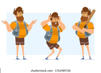 Cartoon flat bearded fat hipster man character in jeans jerkin and sunglasses. Ready for animation. Boy is misunderstanding and holding baseball bat. Isolated on blue background. Vector icon set.