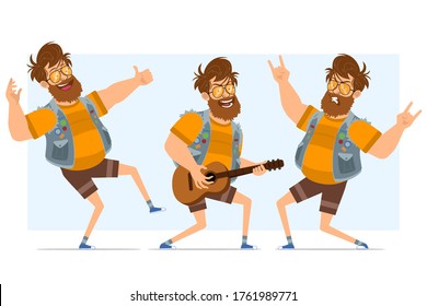 Cartoon flat bearded fat hipster man character in jeans jerkin and sunglasses. Ready for animation. Boy playing guitar, dancing, showing rock and roll. Isolated on blue background. Vector icon set.