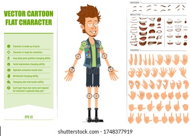 Cartoon flat bearded hipster man character in jeans shorts and jerkin. Ready for animation. Face expressions, eyes, brows, mouth and hands easy to edit. Isolated on white background. Big vector set.