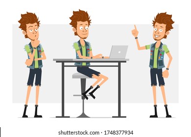 Cartoon flat bearded hipster man character in jeans shorts and jerkin. Ready for animation. Boy thinking, working on laptop and showing attention sign. Isolated on gray background. Vector icon set.