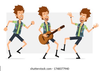 Cartoon flat bearded hipster man character in jeans shorts and jerkin. Ready for animation. Boy dancing, jumping and playing rock and roll on guitar. Isolated on gray background. Vector icon set.