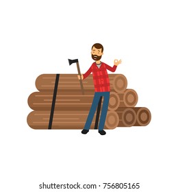 Cartoon flat bearded lumberjack standing near pile of logs with ax, other hand showing ok sign