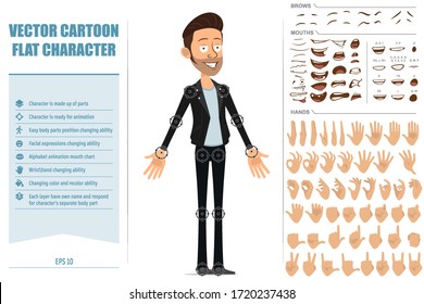 Caricatura roca plana con barba y personaje hombre de rollo en chaqueta de cuero. Listo para la animación. Enfrentar expresiones, ojos, cejas, boca y manos fáciles de editar. Aislado sobre fondo blanco. Conjunto de iconos de gran vector.