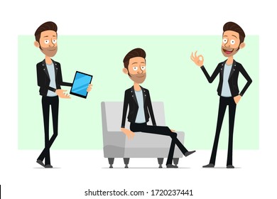 Caricatura roca plana con barba y personaje hombre de rollo en chaqueta de cuero. Listo para la animación. Un niño exitoso mostrando buen signo, tablet y descansando en el sofá. Aislado sobre fondo blanco. Conjunto de iconos del vector.