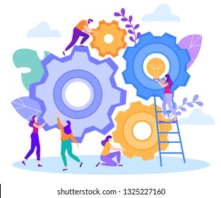 Cartoon Flat Big Gears Teamwork Generation Fresh Ideas. Man Turning Wheel Girl Holding Large Light Bulb. On Background Sky Girl Points Finger in Solving Problem and Approach Matter.