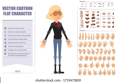 Cartoon flat blonde rock and roll girl character in leather jacket. Ready for animation. Face expressions, eyes, brows, mouth and hands easy to edit. Isolated on white background. Big vector icon set.