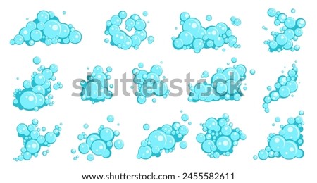 Cartoon flat blue soap foam bubbles. Bath shampoo suds, shower gel, foam party elements, different bubbles compositions. Soapy clean froth isolated elements, hygiene product, nowaday vector set
