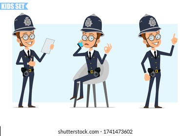 Cartoon flat british policeman boy character in helmet, glasses and uniform. Ready for animation. Kid talking on phone, showing thumbs up and okay sign. Isolated on blue background. Vector icon set.