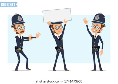 Cartoon flat british policeman boy character in helmet, glasses and uniform. Ready for animation. Kid holding blank paper sign and showing stop gesture. Isolated on blue background. Vector icon set.