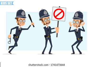 Cartoon flat british policeman boy character in helmet, glasses and uniform. Ready for animation. Kid running with police baton and holding no entry sign. Isolated on blue background. Vector icon set.