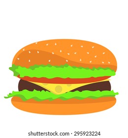 Cartoon Flat Burger with Beef, Cheese, Lettuce and Tomato. Vector Illustration