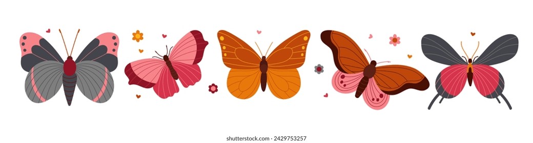 Cartoon flat Butterfly set with flowers. Insects with beautiful spread wings. Exotic insects vector isolated on white background. Hand drawn sketch elements. Beautiful insects in flight Illustration