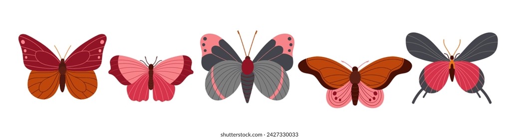 Conjunto de mariposa plano de dibujos animados. Insectos con grandes y hermosas alas extendidas. Vector de insectos de primavera exóticos aislados sobre fondo blanco. Elementos de esbozo dibujados a mano. Hermosos insectos en vuelo Ilustración