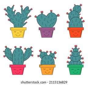 Cartoon-Flachkaktus in modernem Stil. Kakteen mit herzförmigen Blumen. Sammlung von Sukkulent in Töpfen mit Gesichtern. Illustration für Kinder Textilien, Karten, Geschenkverpackung. Romantische Pflanzen