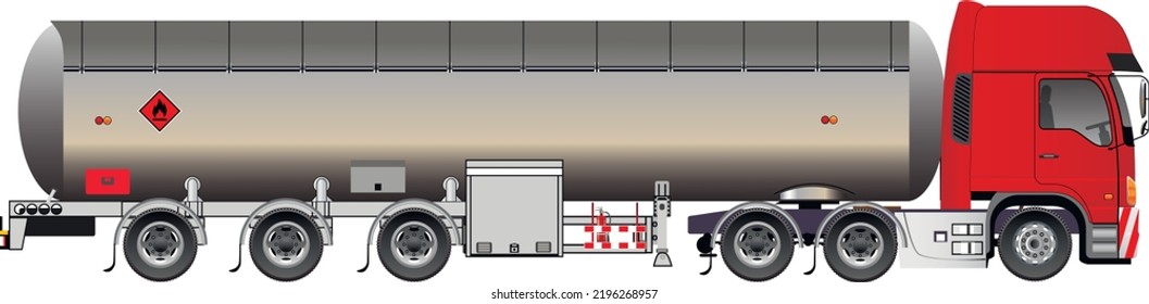 Cartoon flat cargo transport, long tank trailer  truck carrying oil, gas. Cargo delivery technology, fuel transportation icon isolated on white