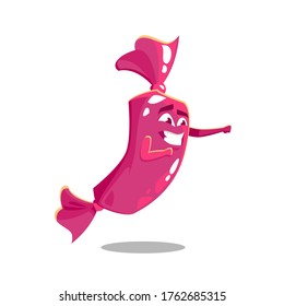 Cartoon flat character of candy with wrapper, flying funny and cute candy