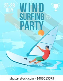 Cartoon flat character doing modern sport activity,landing page,party flyer banner poster,web online concept of healthy lifestyle summer design.Flat cartoon character windsurfing,sea surfing on wave