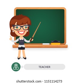 Cartoon flat character of female teacher at the school blackboard. Clipping paths included.