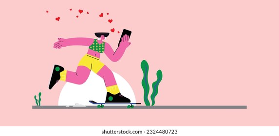 cartoon flat character of a girl ridong a  skateboard and looking into smartphone application. Vector illustration