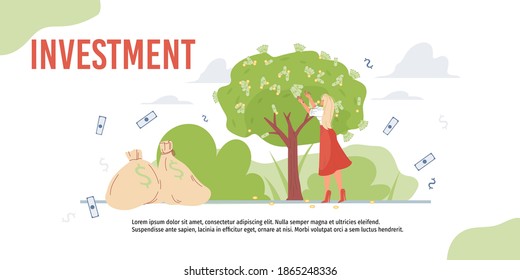 Cartoon flat character grows profit and harvesting money income - financial investment concept for web online,site design