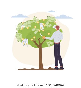 Caricatura de carácter plano aumenta las ganancias y cosecha ingresos monetarios - concepto de inversión financiera para la web en línea,diseño de sitio