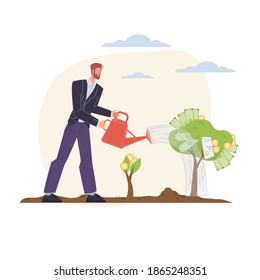 Cartoon flat character grows profit and harvesting money income - financial investment concept for web online,site design