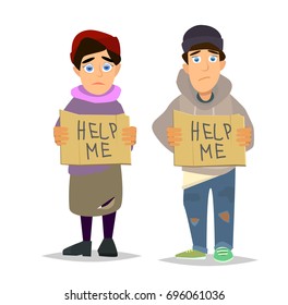  Cartoon flat character. Homeless character. Vector illustration in a flat style.