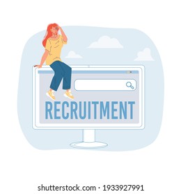 Cartoon flat character looking into distance.Young girl sitting on monitor search engine computer app,looks far ahead-recruitment program,employees searching,web site banner ad,social media concept