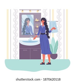 Caricatura de carácter plano mirando en espejo el interior de casa -estilo de vida, belleza y concepto de moda