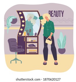 Cartoon flat character looking in mirror at home interior -lifestyle,beauty and fashion concept