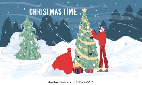 Cartoon flat character Santa Claus outdoor with red bag,christmas tree,gift boxes at winter time-merry Xmas,happy New Year holiday concept
