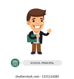 Cartoon flat character of school principal. Head teacher with book. Clipping paths included.