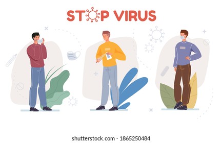 Cartoon flat character shows protective measures against coronavirus Covid-19 or 2019-ncov - prevention and personal hygiene concept