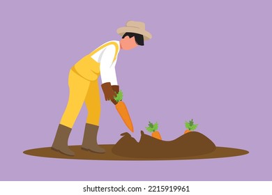 Cartoon flat character style drawing male farmer harvesting carrots. Attractive young man gardening. Vegetable cultivation, horticulture. Autumn harvest collecting. Graphic design vector illustration