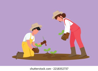 Cartoon Flat Character Style Drawing Happy Couple Farmers Planting Plant Shoots In The Ground. Start The Planting Tree Period. Farmer With Organic Natural Crop. Graphic Draw Design Vector Illustration