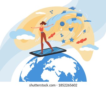 Cartoon flat character surfing internet - global worldwide content,web chat,social media service,online education,messenger communication,freelance remote work concept