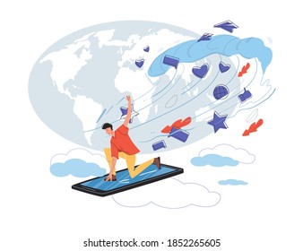 Cartoon flat character surfing internet - global worldwide content,web chat,social media service,online education,messenger communication,freelance remote work concept