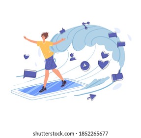 Cartoon flat character surfing internet - global worldwide content,web chat,social media service,online education,messenger communication,freelance remote work concept