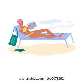 Cartoon flat character surfing internet outdoor on travel or vacation-web chat,social networking service,online education,messenger communication,freelance remote work concept
