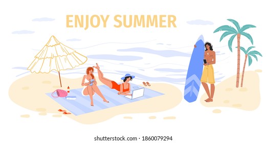 Cartoon flat character surfing internet outdoor on travel or vacation-web chat,social networking service,online education,messenger communication,freelance remote work concept